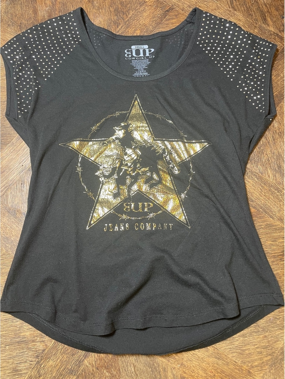 Cowgirl Up black and gold embellished country western tee size small